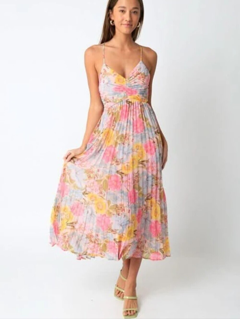 Y&i Ruched V-Neck Pink & Yellow Floral Maxi Dress Size M